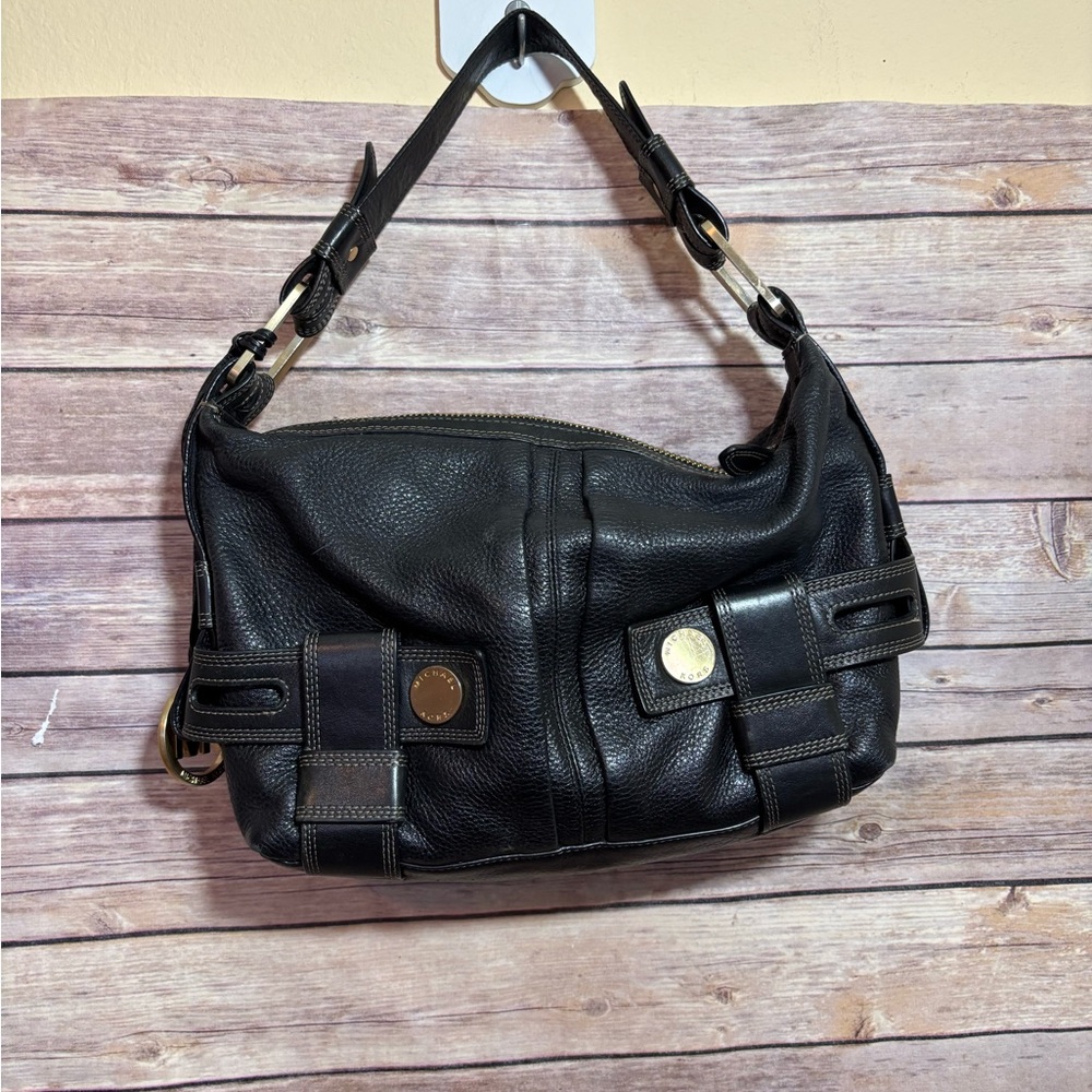 MICHAEL KORS Vintage Black Leather Satchel Antiqued Gold Large Buckles